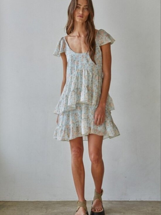 By Together Dresses & Skirts - BY TOGETHER Cap Sleeve Tiered Floral Print High Low Mini Dress Blue Size S NWT